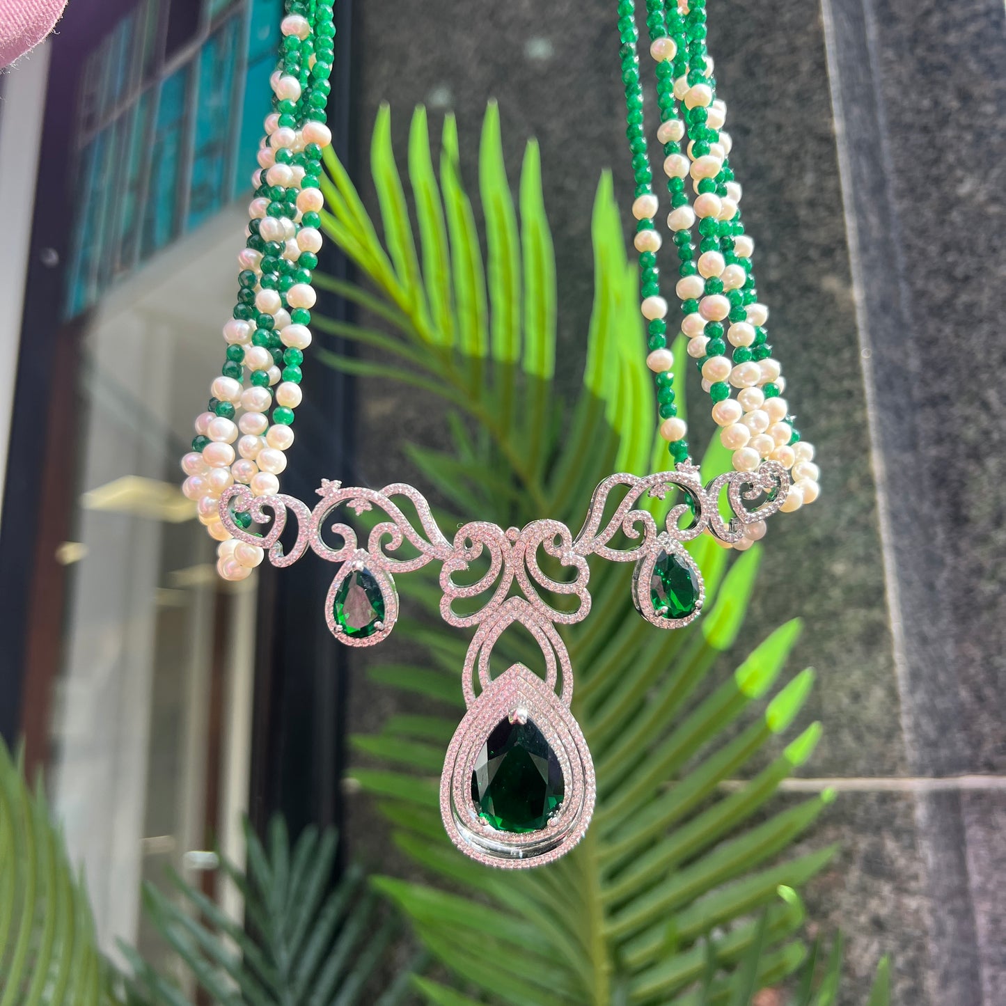 Sterling Silver Pearl, jade and Cubic Zirconia Beaded Statement Necklace