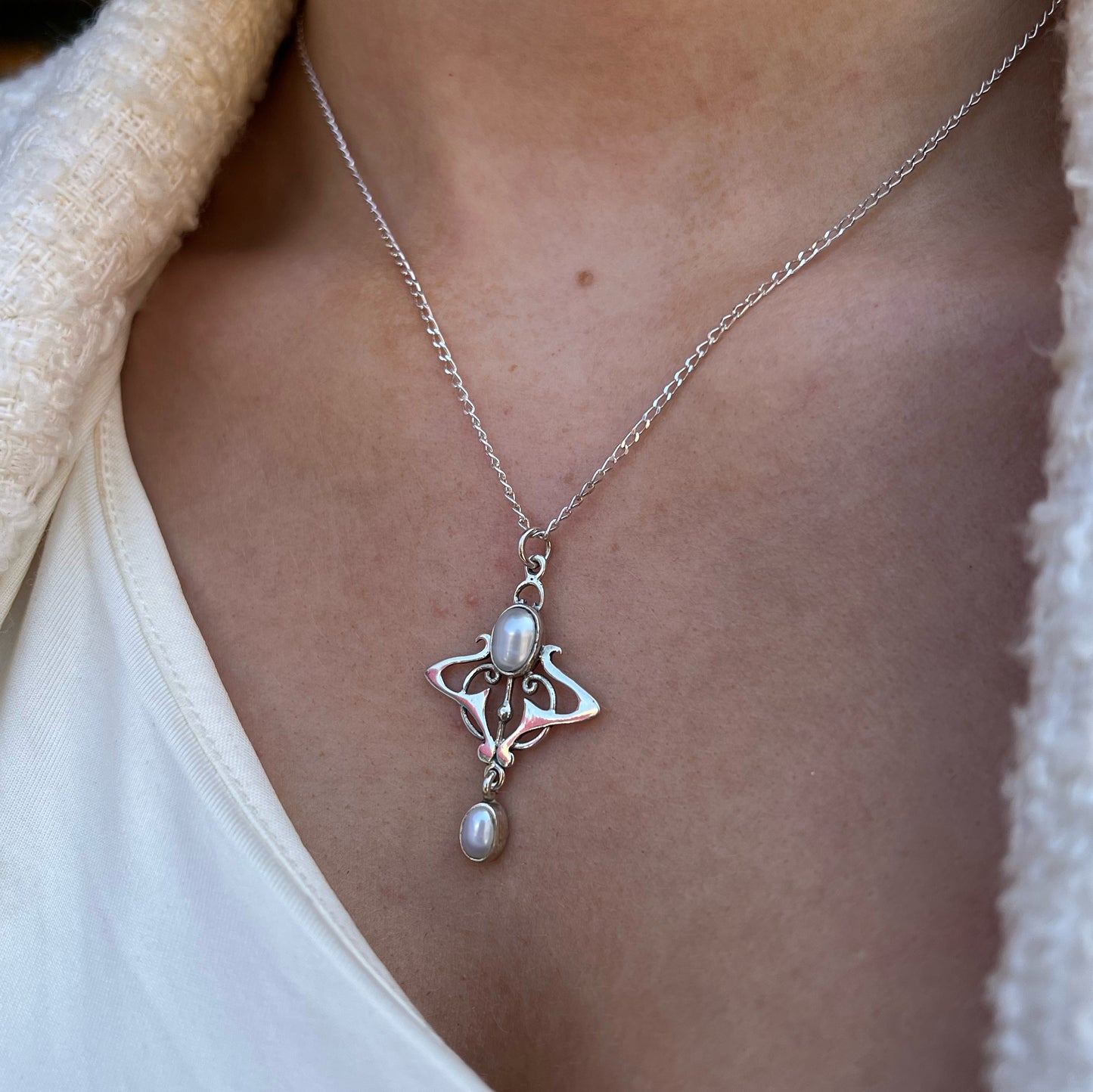 Sterling Silver Art Nouveau Pearl Necklace