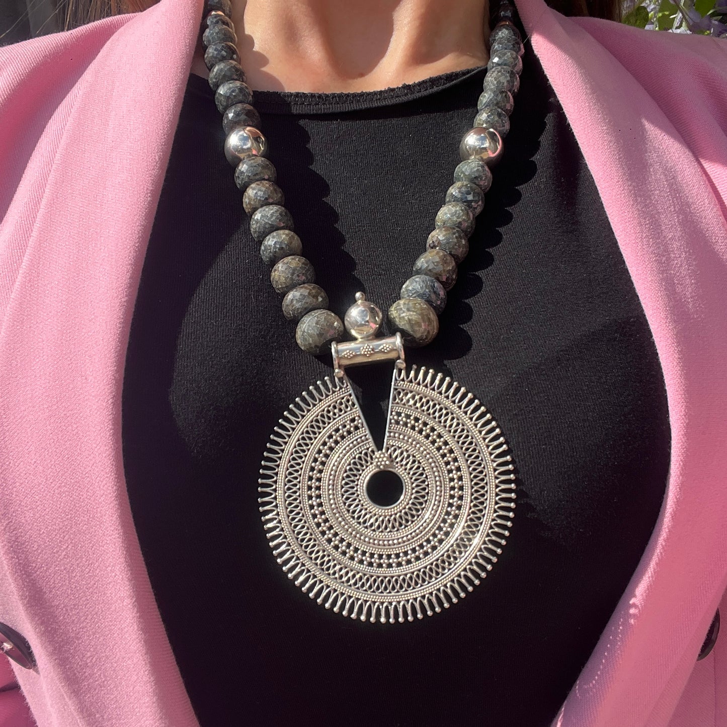 Sterling Silver Sapphire Beaded Statement Necklace