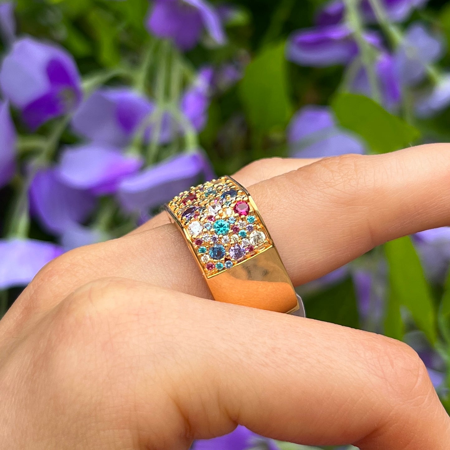 Sif Jakobs Novara Quadrato Ring - 18ct Gold Plated Sterling Silver with Multicoloured Zirconia - Size Q