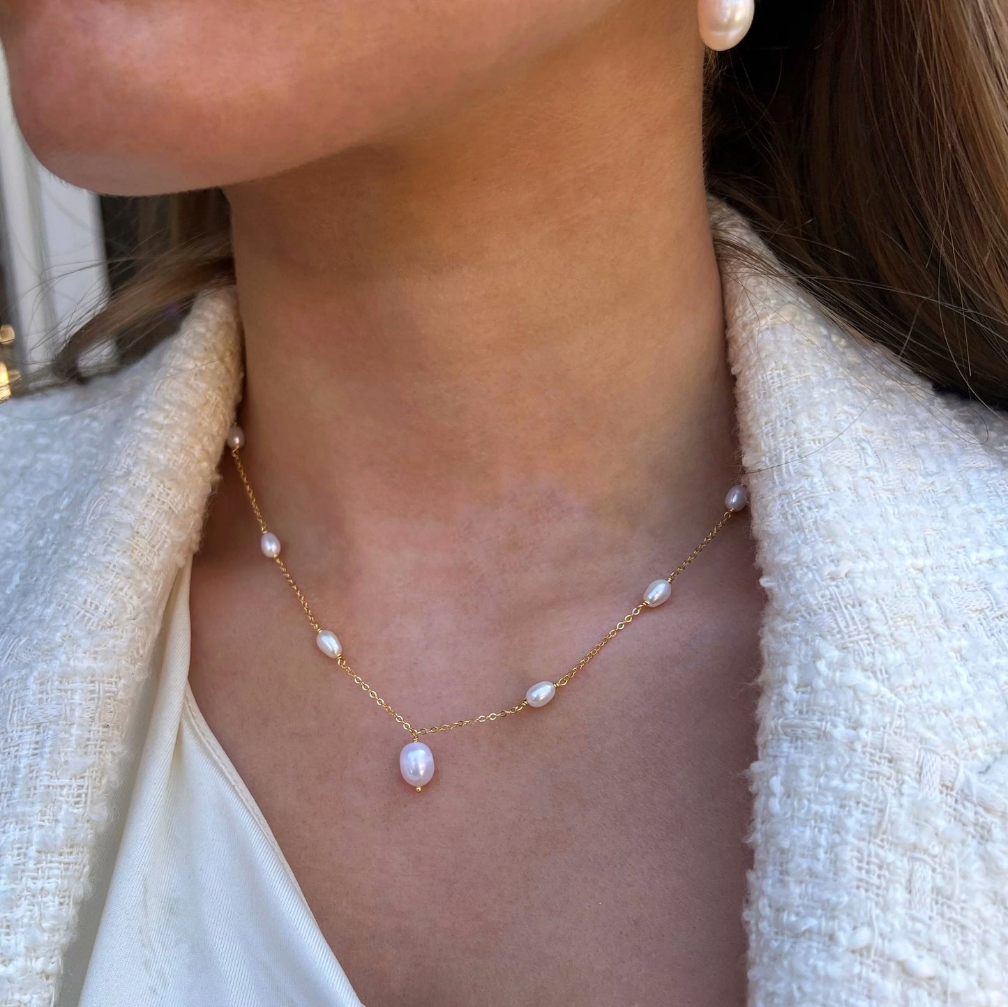 Dainty Sterling Silver Gold Plated Pearl Chain Necklace