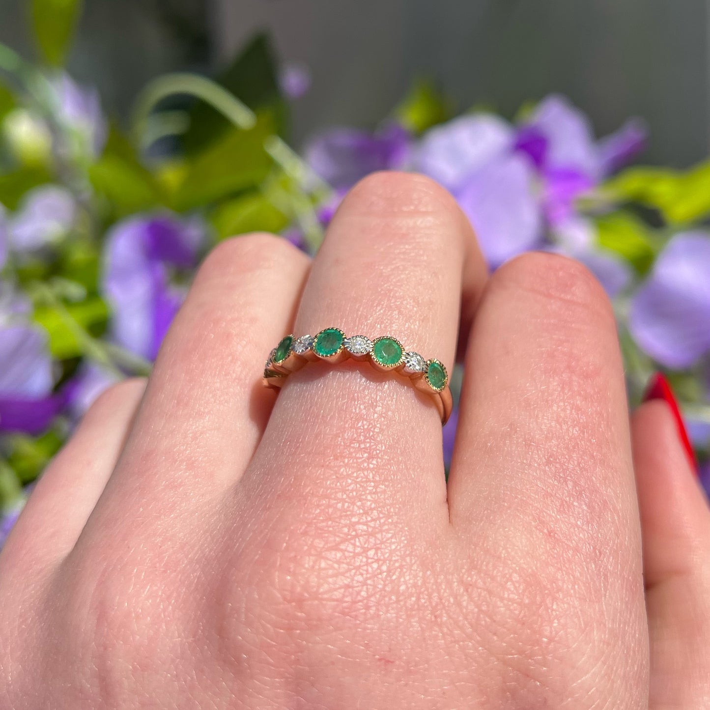 9ct Yellow Gold Emerald and Diamond Half Eternity Ring - Size O