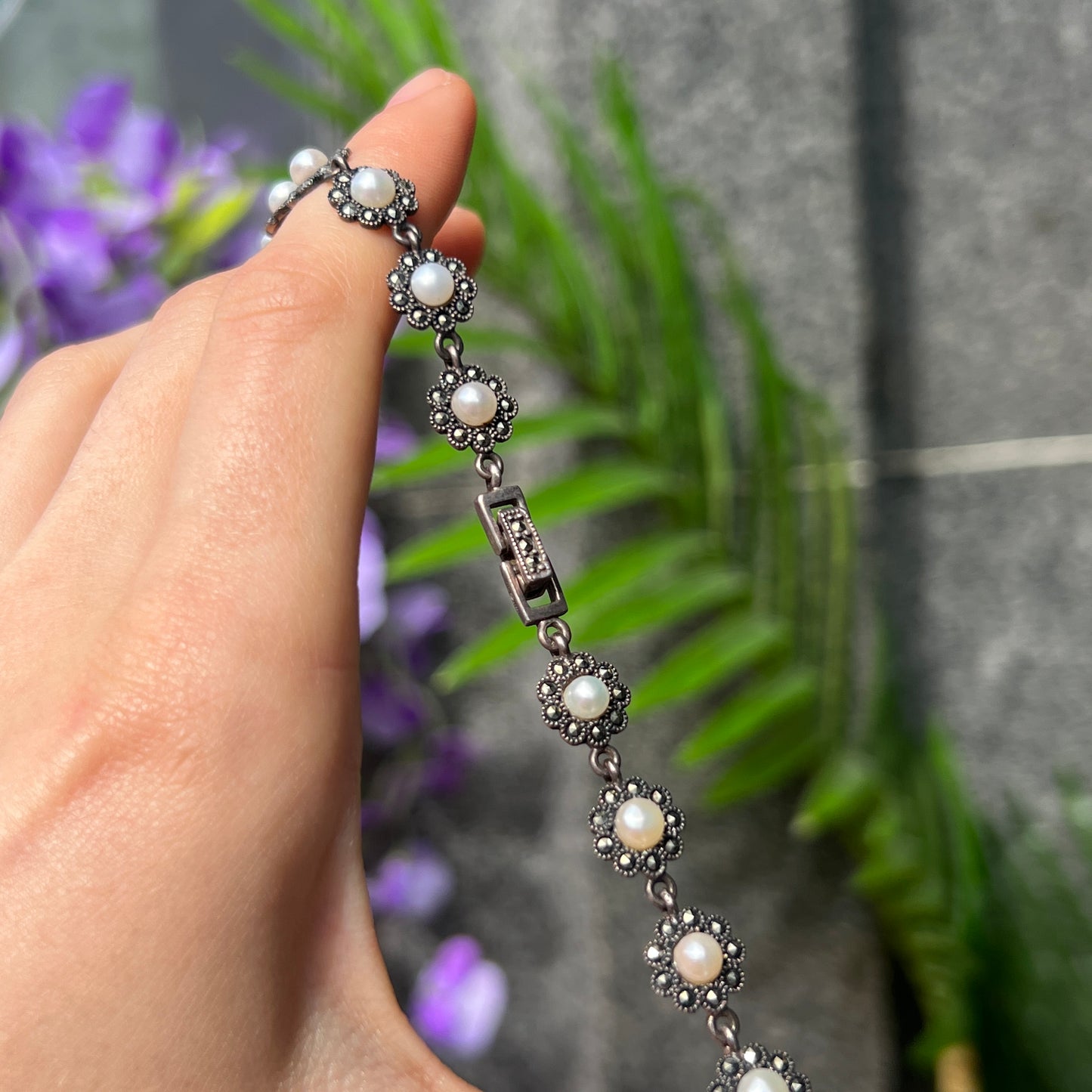 Sterling Silver Marcasite & Pearl Chunky Statement Necklace