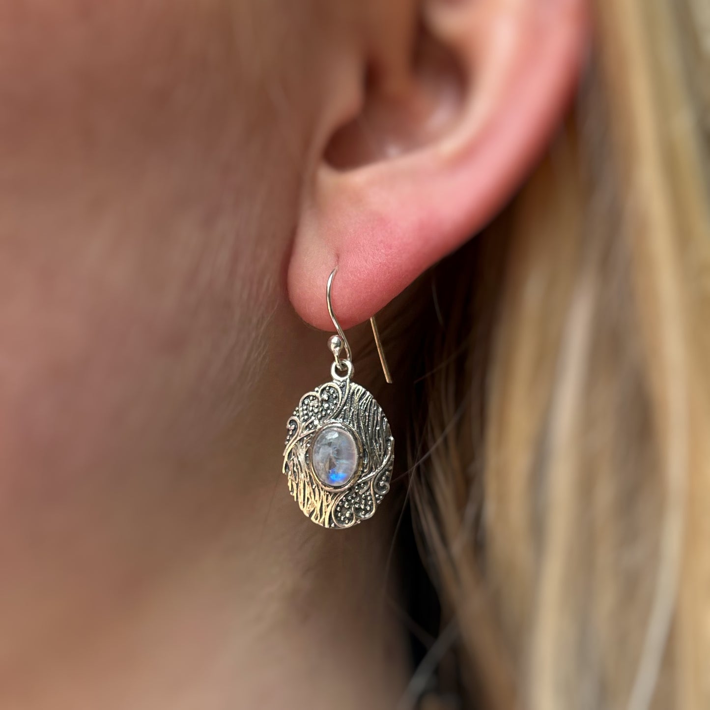 Sterling Silver Dainty Rainbow Moonstone Filigree Earrings