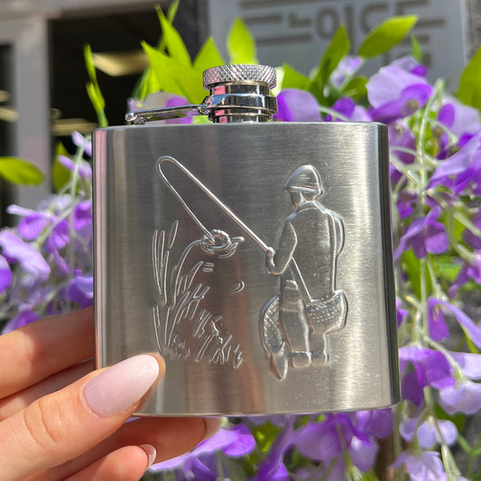 Gents Stainless Steel Embossed Fishing Design Hip Flask