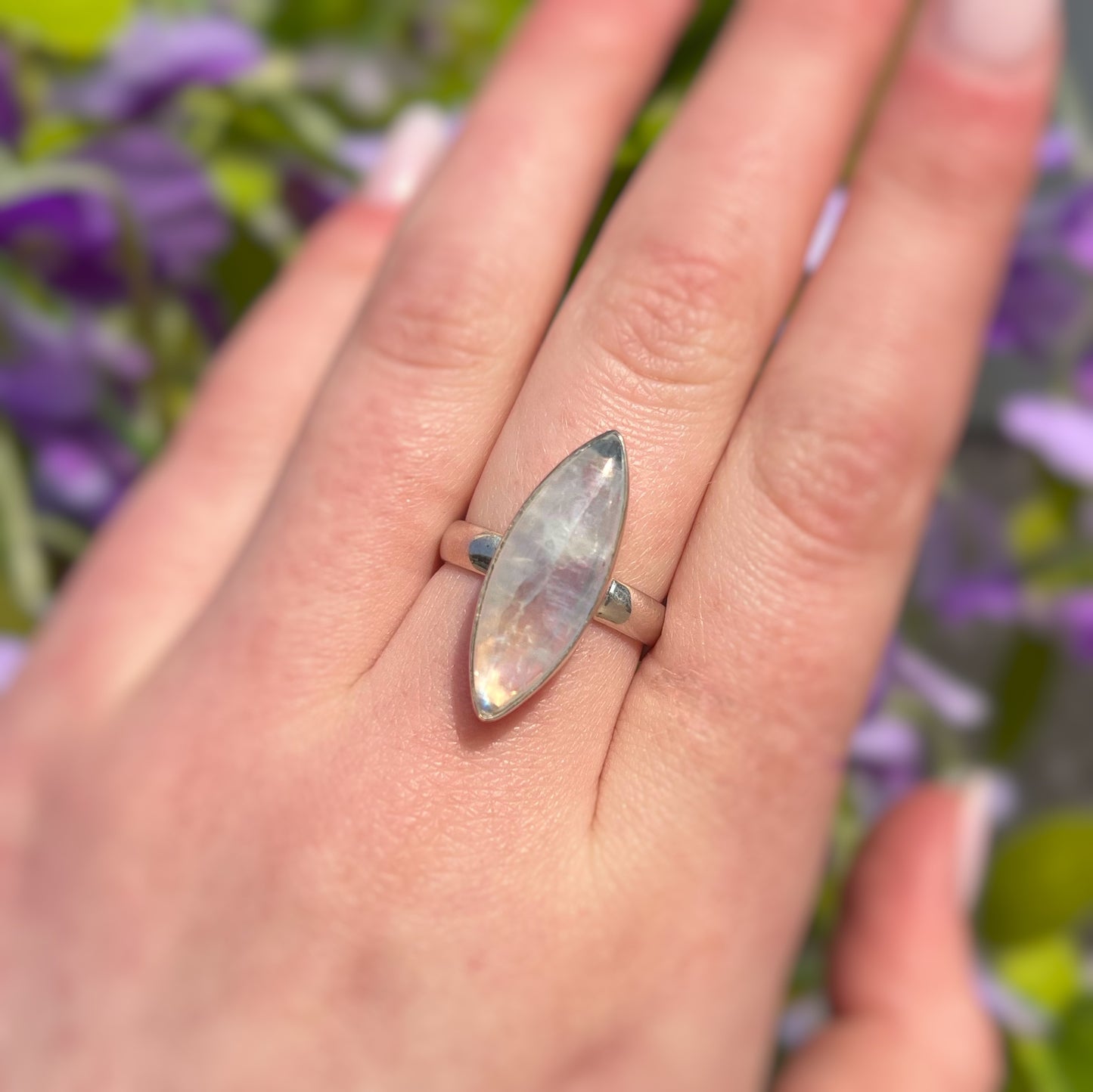 Sterling Silver Elongated Marquise Rainbow Moonstone Ring - Size O1/2