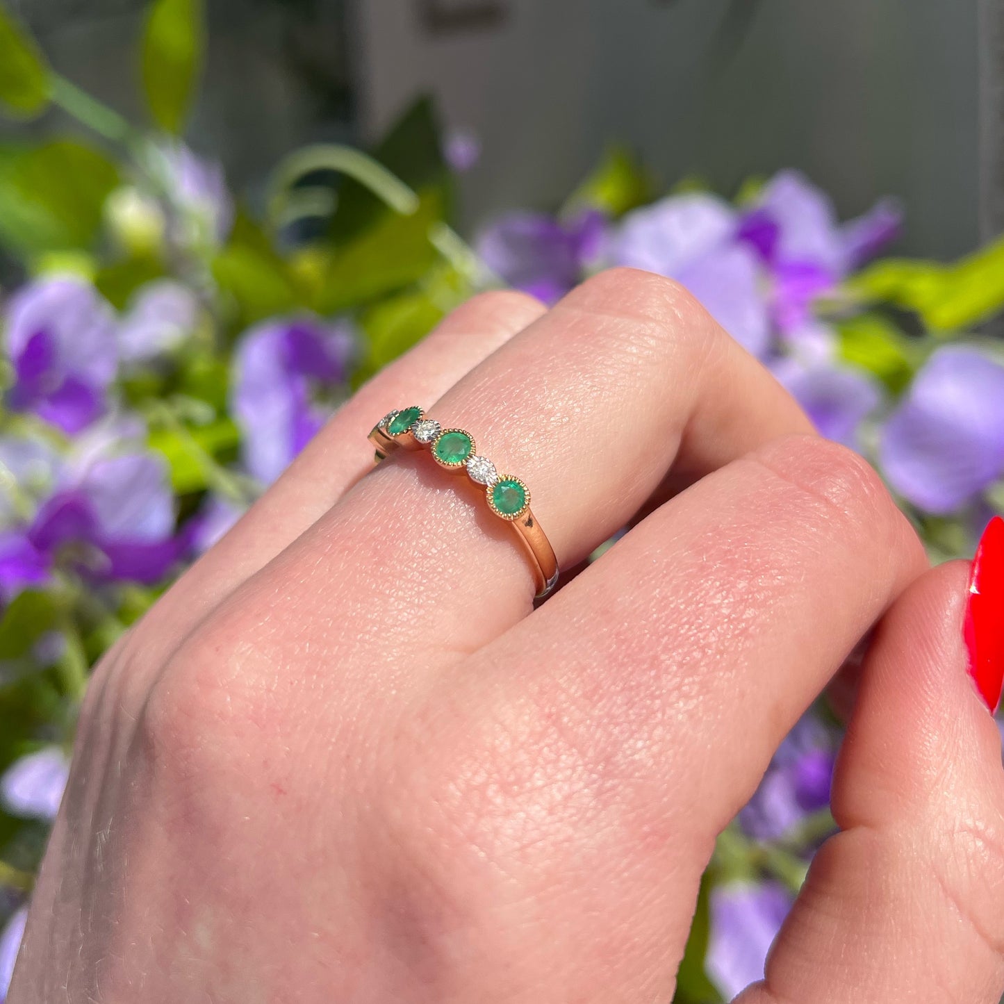 9ct Yellow Gold Emerald and Diamond Half Eternity Ring - Size O