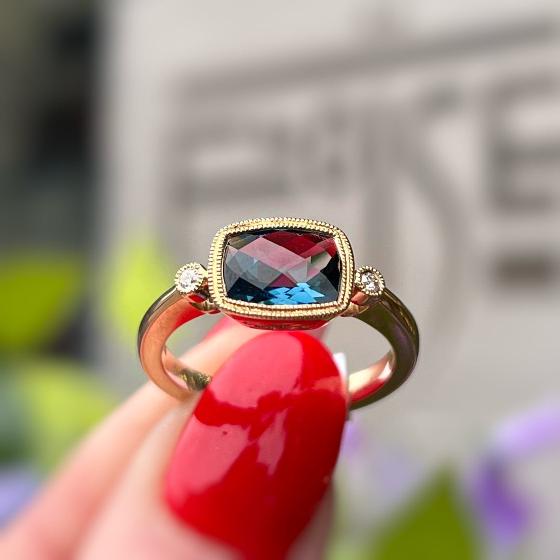 PRE-ORDER Intriguing 9ct Yellow Gold London Blue Topaz and Diamond Ring