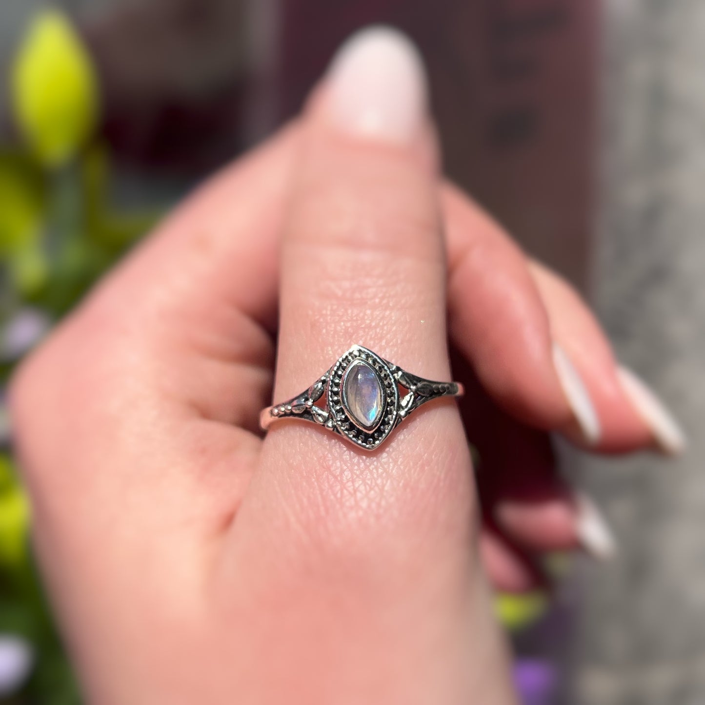 Sterling Silver Dainty Rainbow Moonstone Ring - Size T1/2
