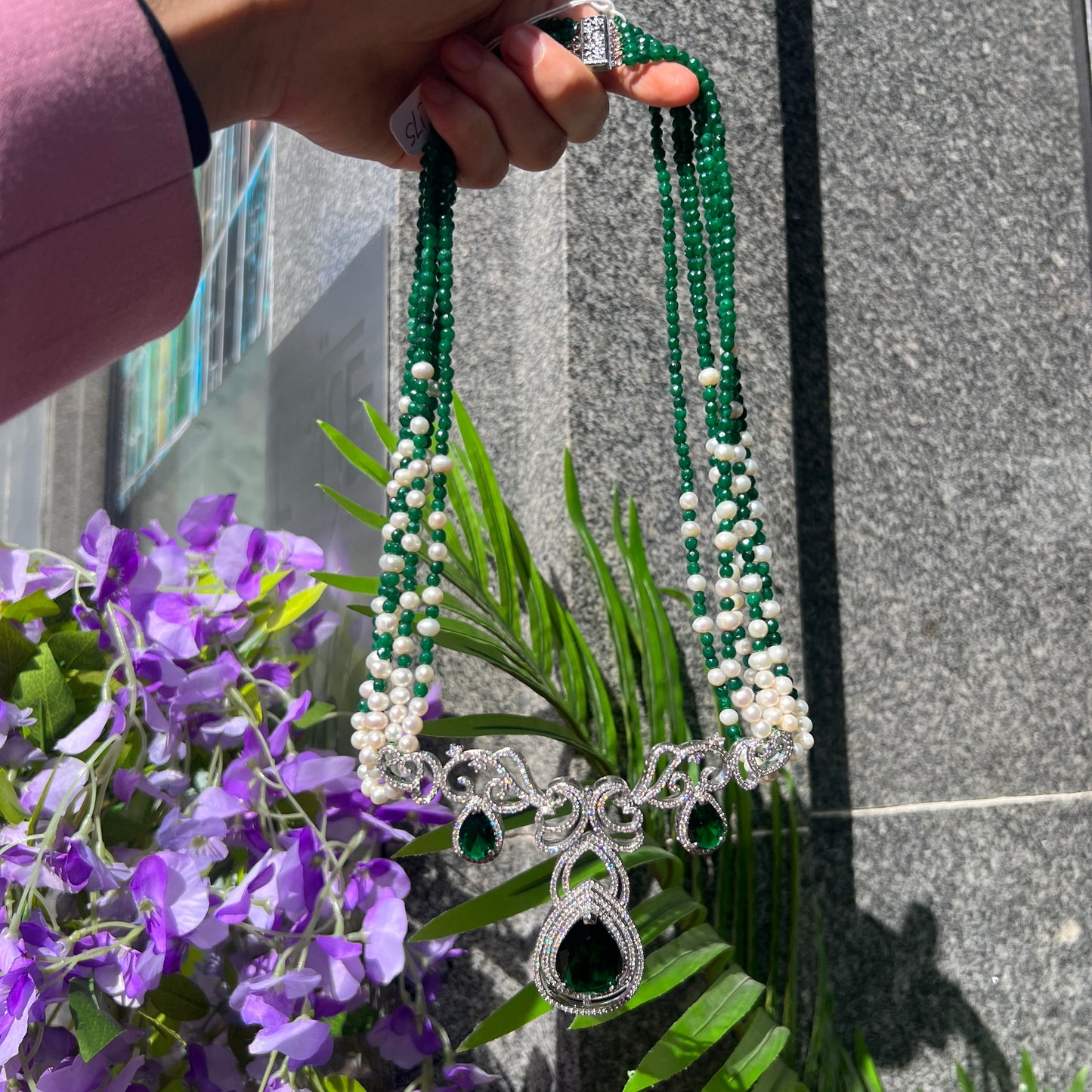 Sterling Silver Pearl, jade and Cubic Zirconia Beaded Statement Necklace