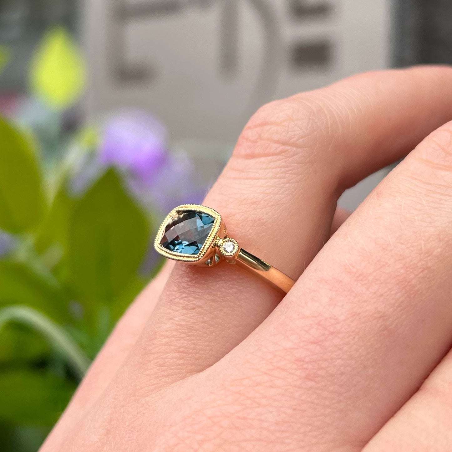 PRE-ORDER Intriguing 9ct Yellow Gold London Blue Topaz and Diamond Ring
