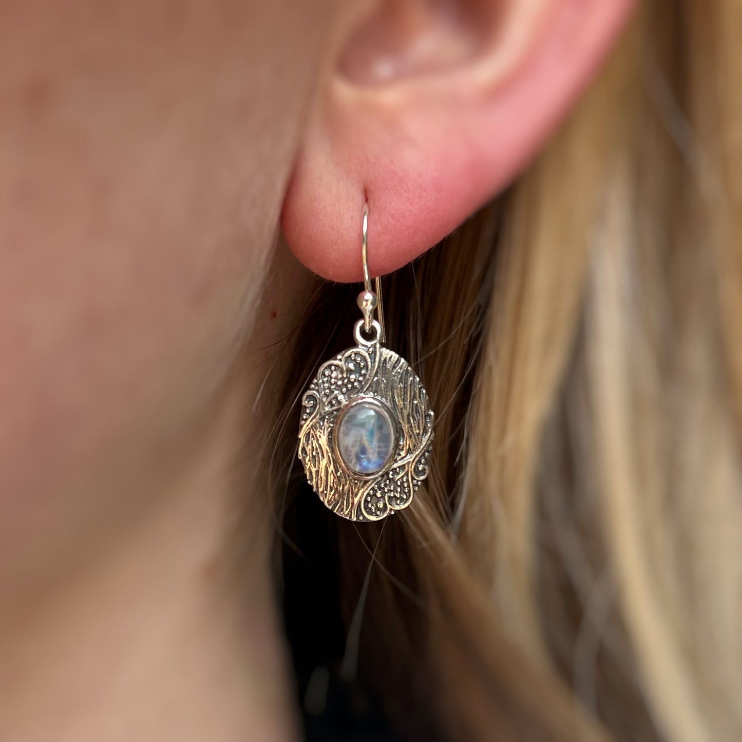 Sterling Silver Dainty Rainbow Moonstone Filigree Earrings
