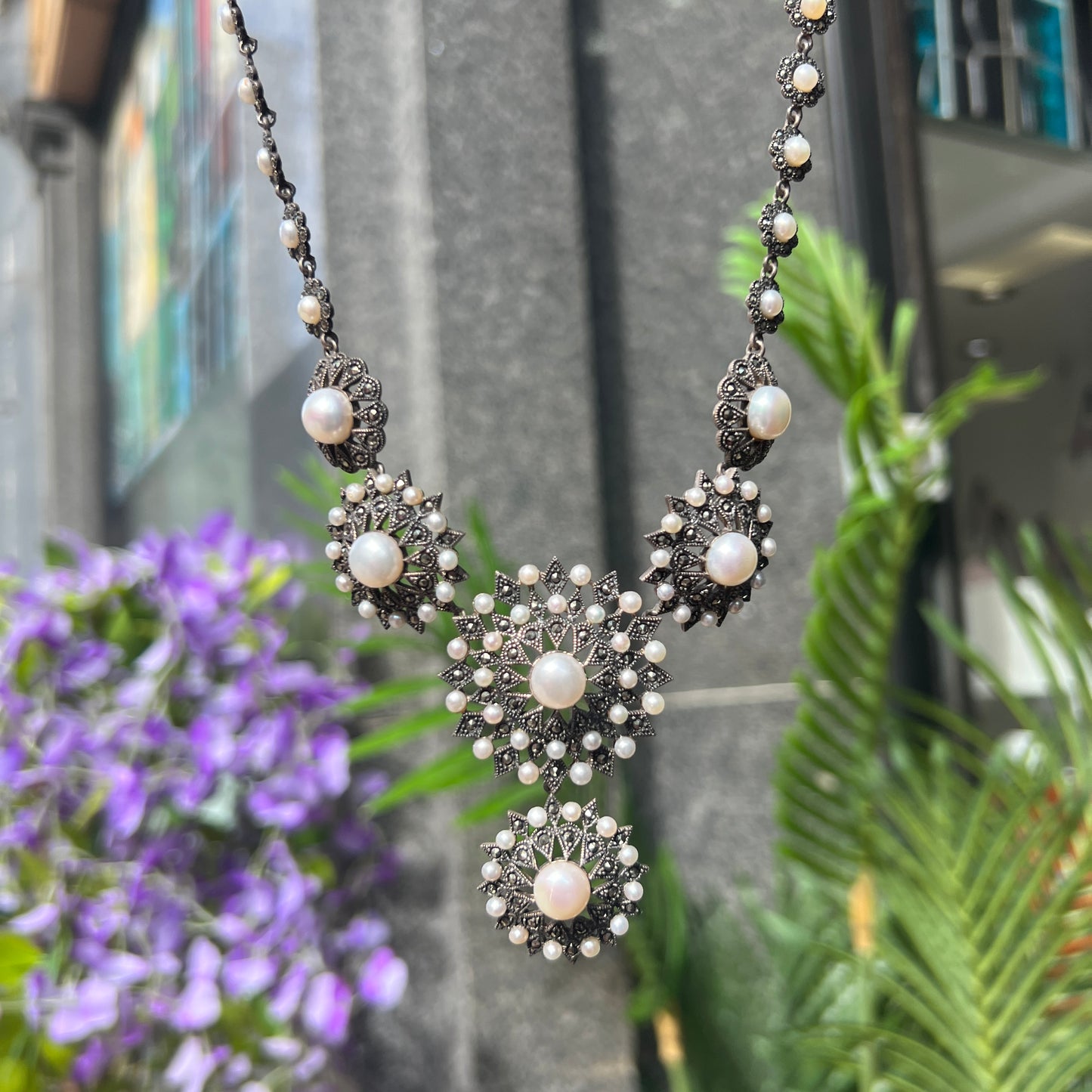 Sterling Silver Marcasite & Pearl Chunky Statement Necklace