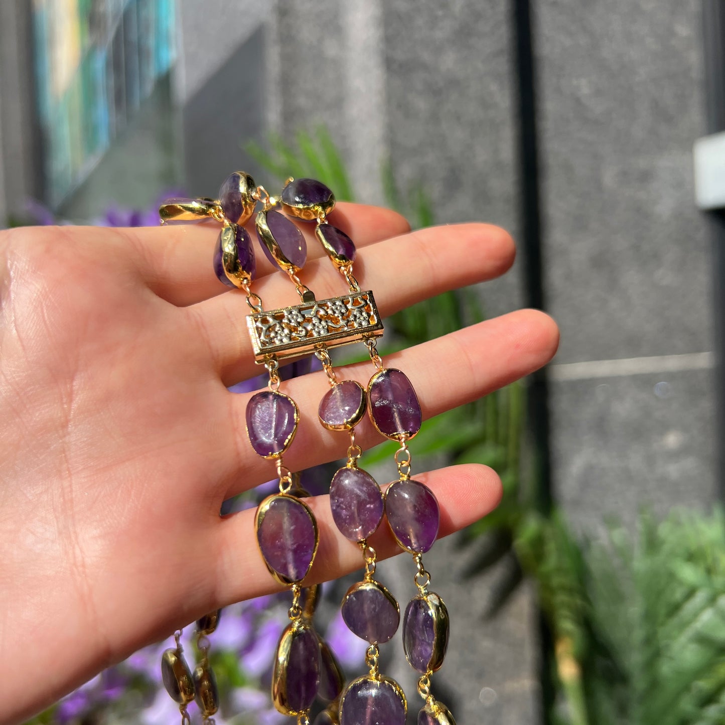 18ct Yellow Gold Plated Amethyst Triple Strand Necklace