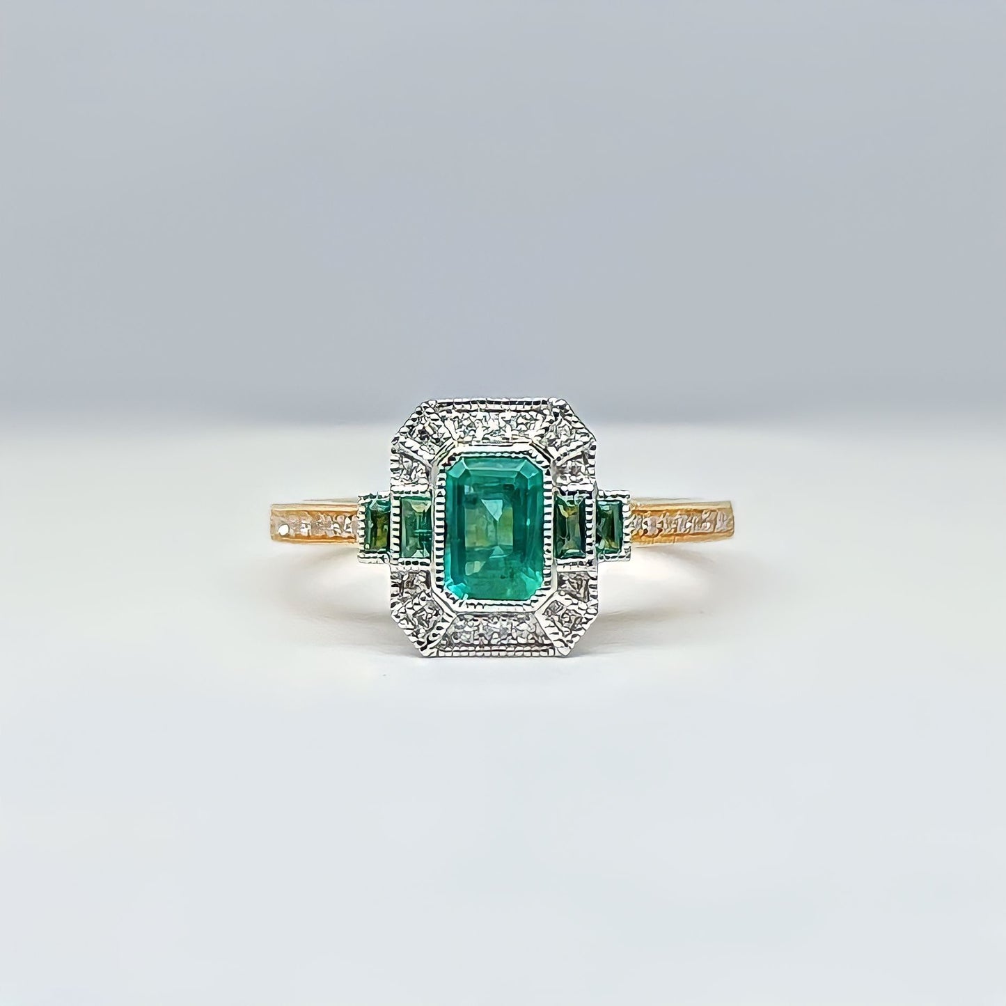 18ct Yellow Gold Emerald and Diamond Art Deco Inspired Ring - Size O