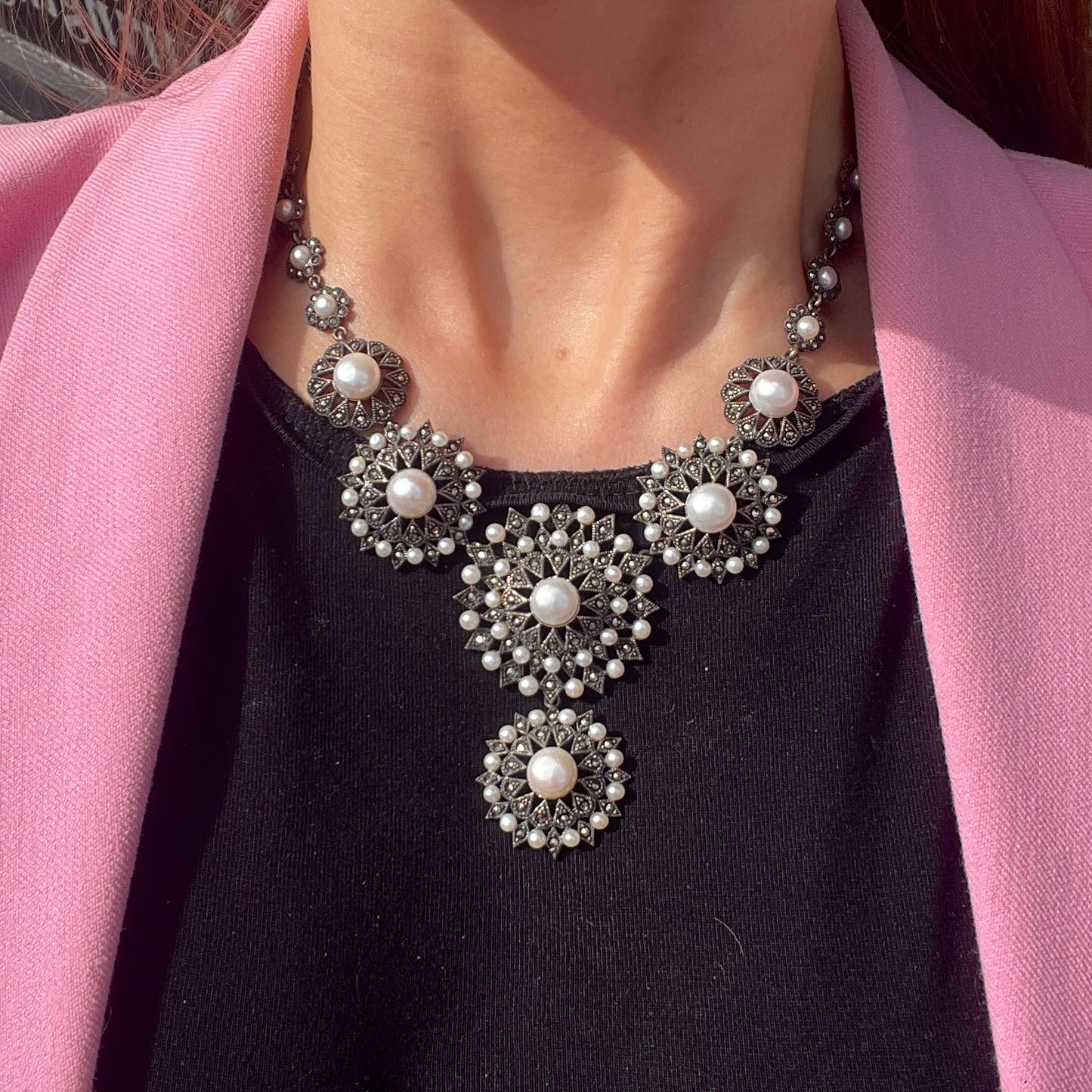 Sterling Silver Marcasite & Pearl Chunky Statement Necklace