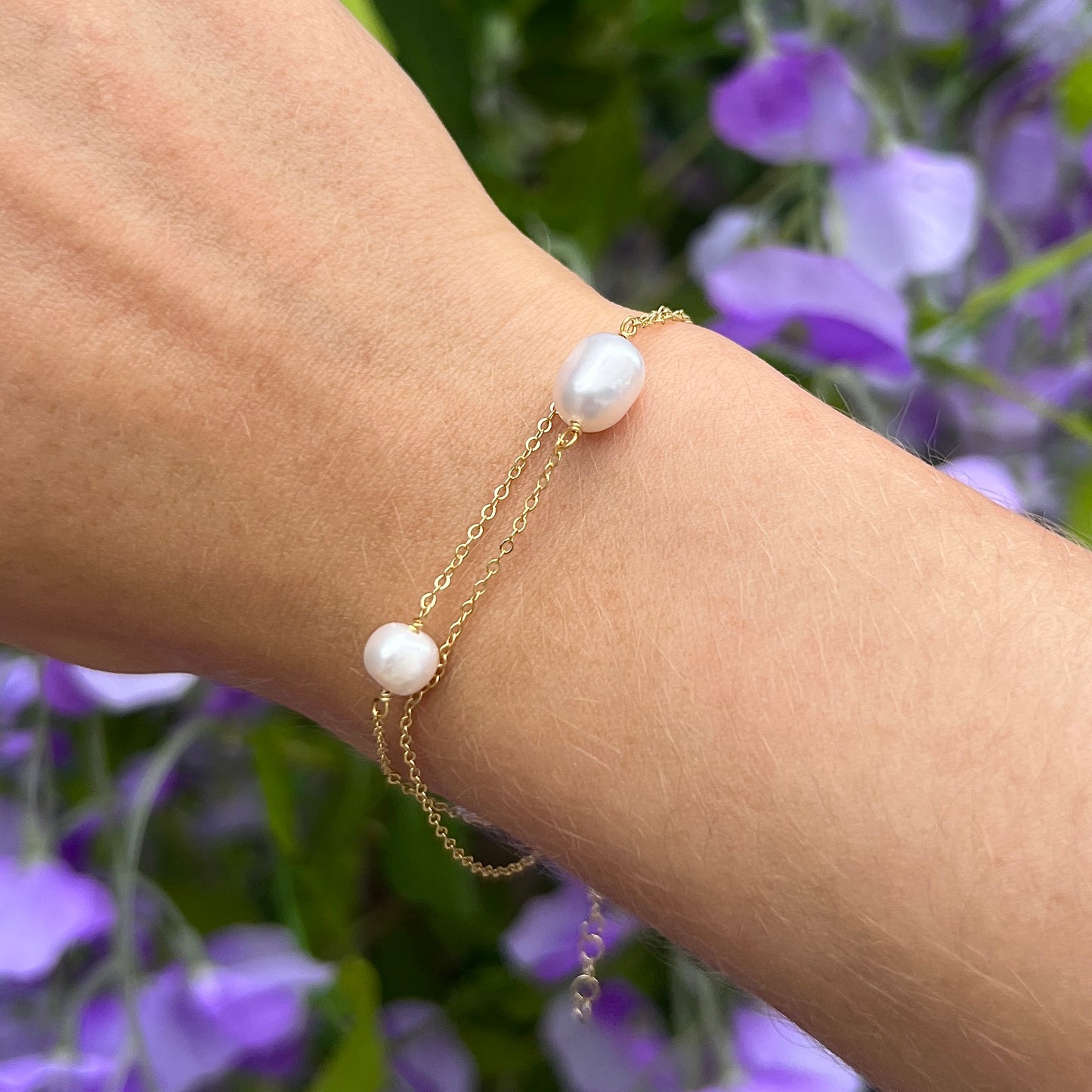 Sterling Silver 9ct Gold Plated Double Pearl Dainty Bracelet