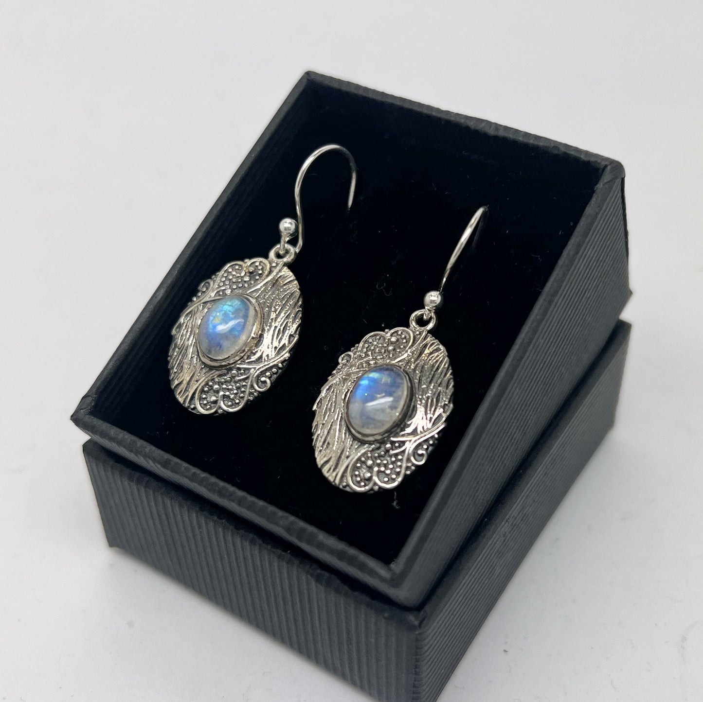 Sterling Silver Dainty Rainbow Moonstone Filigree Earrings