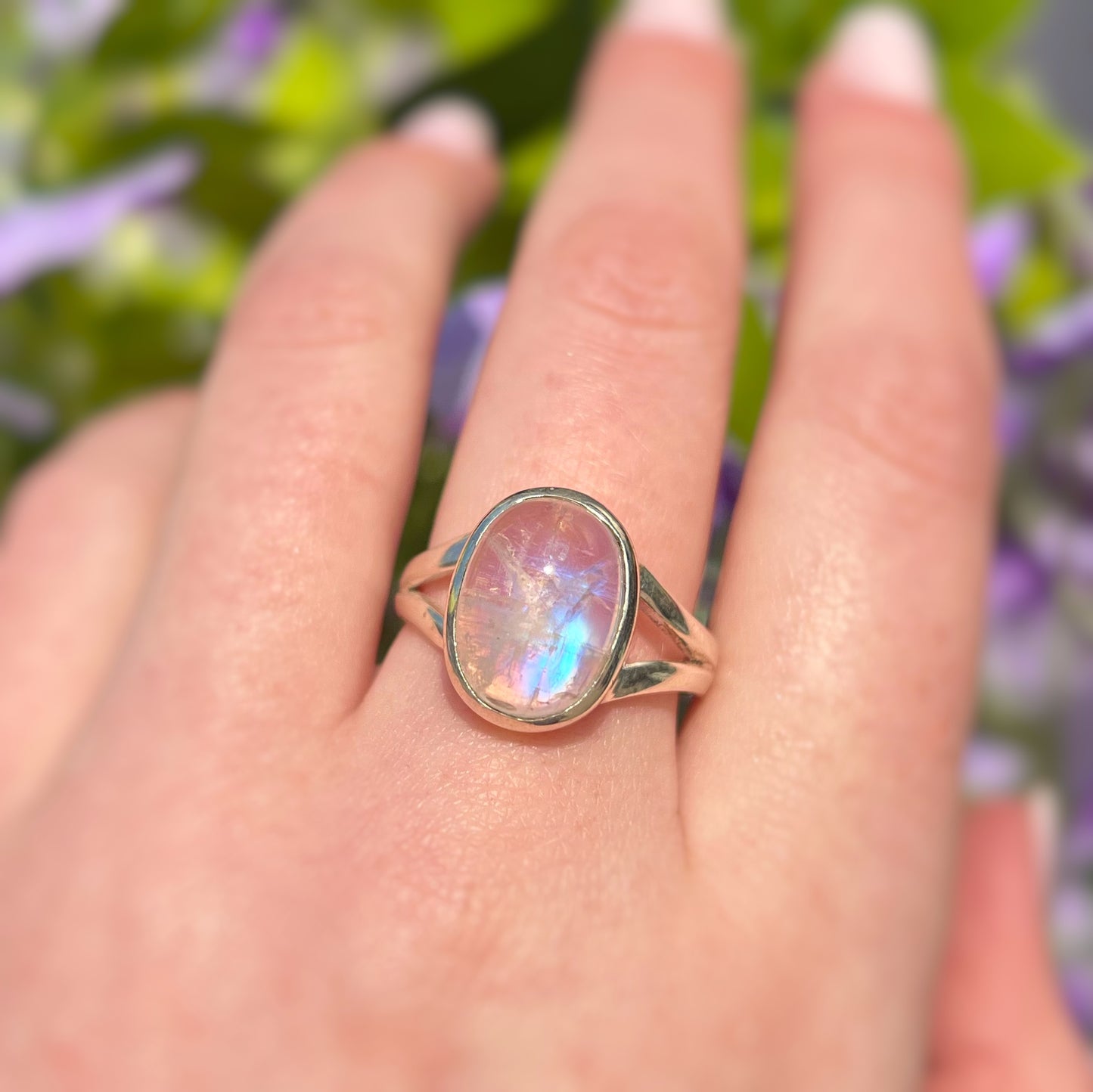 Sterling Silver Oval Rainbow Moonstone Ring - Size U