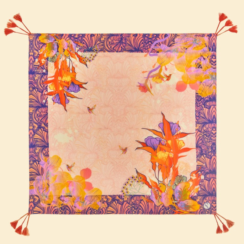 Powder Accessories Tasselled 100% Silk Tropical Hummingbird Scarf