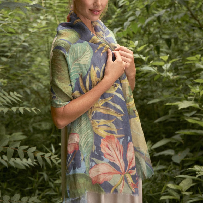 Powder Accessories 100% Linen Delicate Tropics in Indigo Scarf