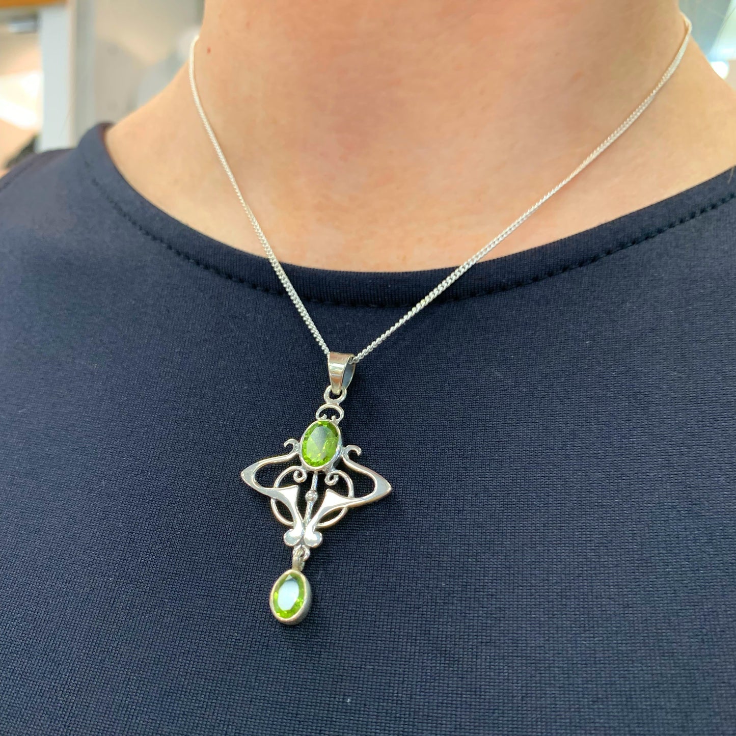 Sterling Silver Peridot Art Nouveau Inspired Necklace