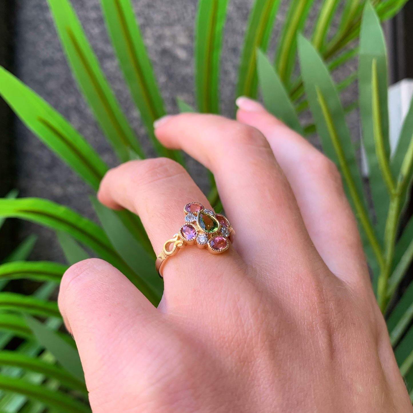 Victorian Reproduction 9ct Yellow Gold Peridot, Pink Tourmaline and Diamond Ring - Size N 1/2