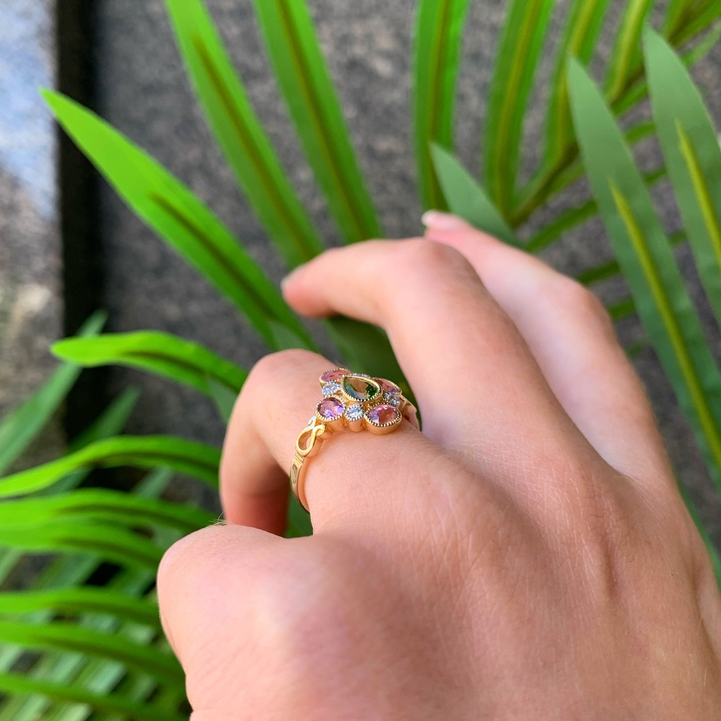 Victorian Reproduction 9ct Yellow Gold Peridot, Pink Tourmaline and Diamond Ring - Size N 1/2