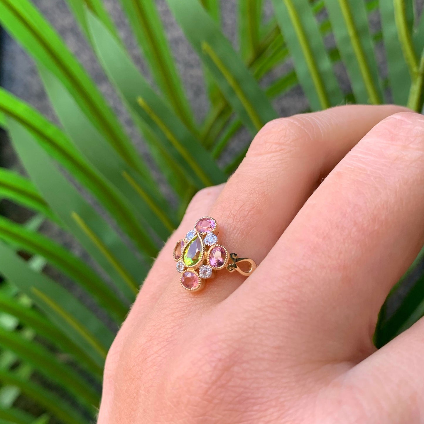 Victorian Reproduction 9ct Yellow Gold Peridot, Pink Tourmaline and Diamond Ring - Size N 1/2