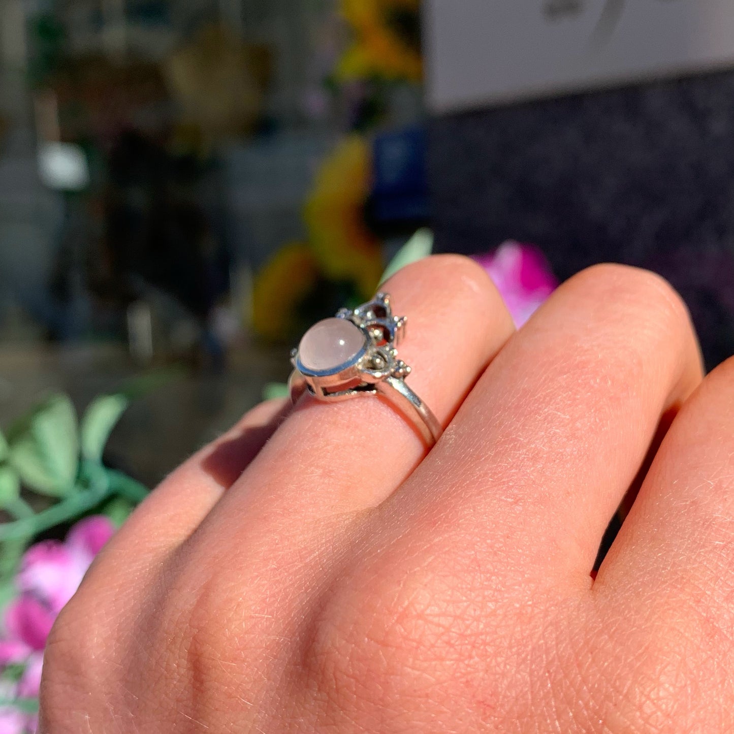 Sterling Silver Filigree Rose Quartz Ring - Size K ½