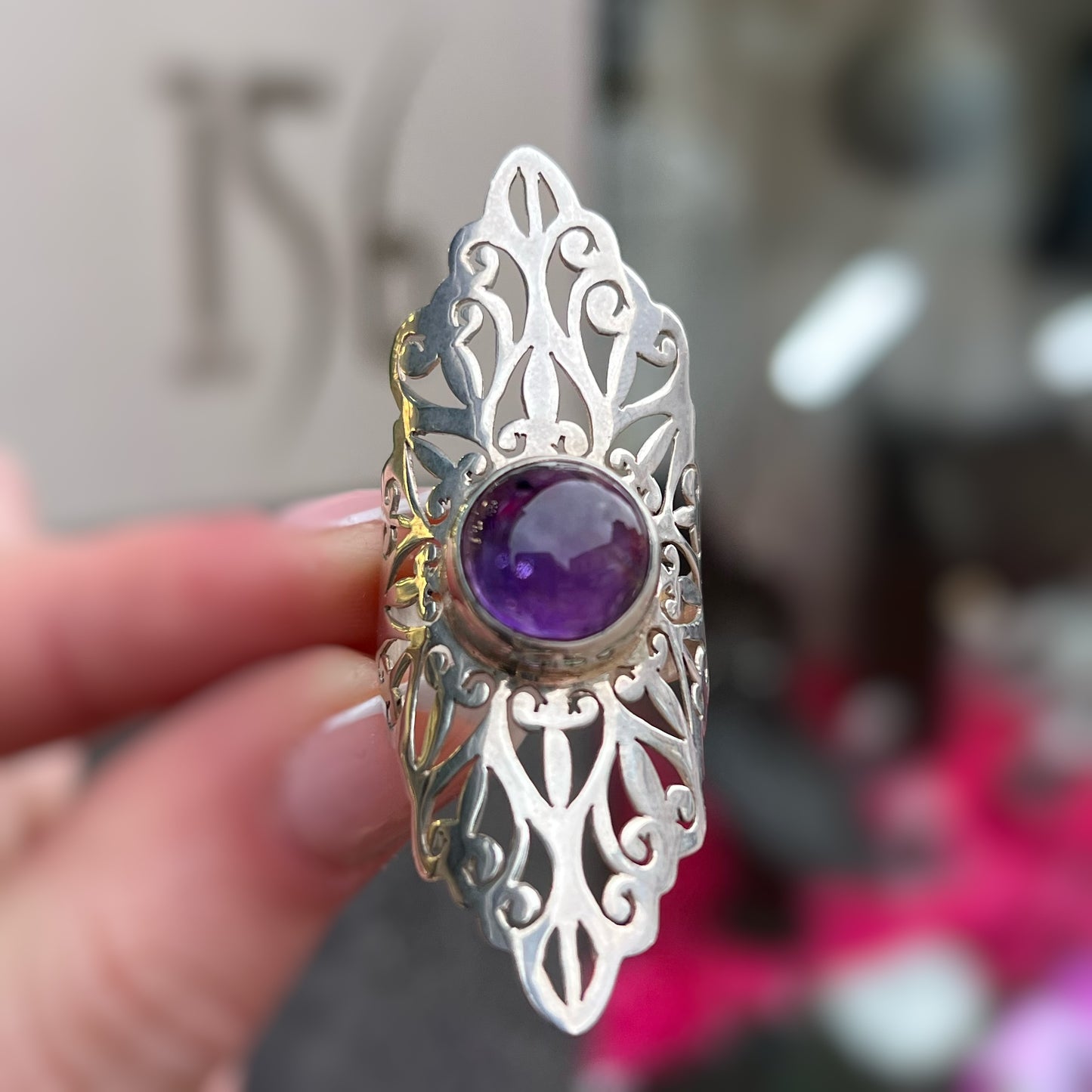 Statement Maximalist Sterling Silver Pierced Out Purple Amethyst Cabochon Ring - Size P ½