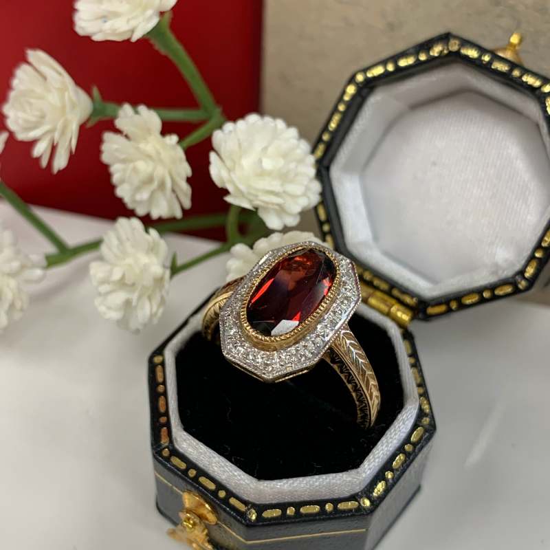 The Anna Ring - Art Deco Inspired 9ct Yellow Gold, Red Garnet and Diamond Ring Size L ½