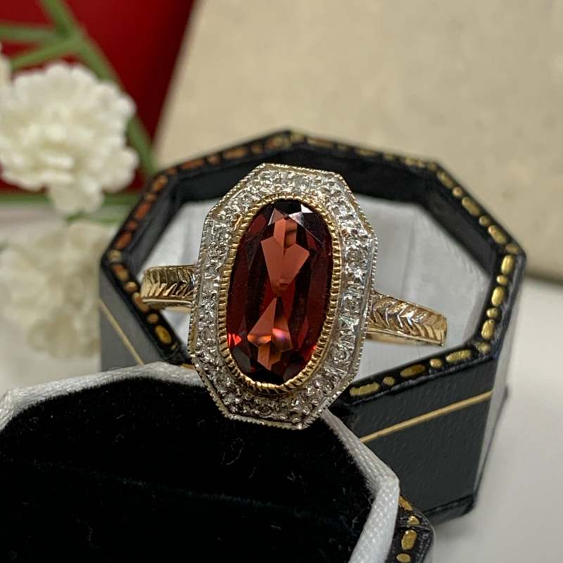 The Anna Ring - Art Deco Inspired 9ct Yellow Gold, Red Garnet and Diamond Ring Size L ½