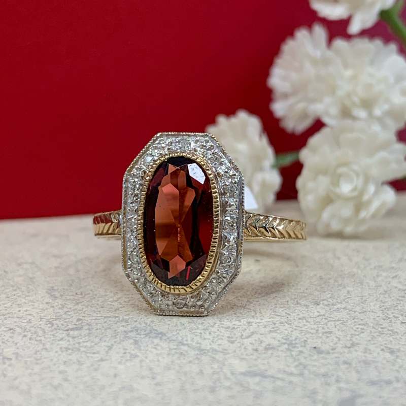 The Anna Ring - Art Deco Inspired 9ct Yellow Gold, Red Garnet and Diamond Ring Size L ½