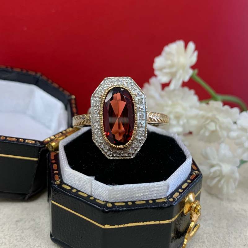The Anna Ring - Art Deco Inspired 9ct Yellow Gold, Red Garnet and Diamond Ring Size L ½