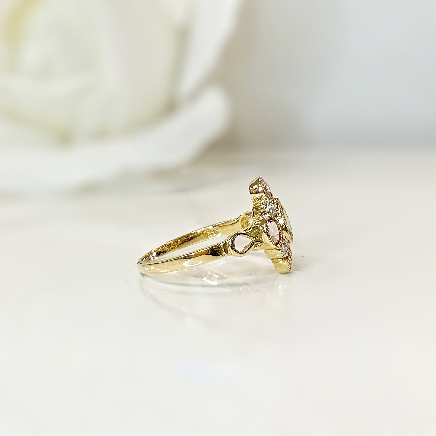 Victorian Reproduction 9ct Yellow Gold Peridot, Pink Tourmaline and Diamond Ring - Size N 1/2