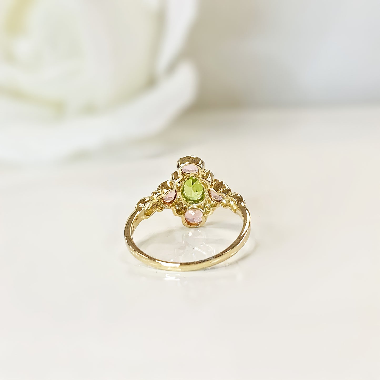 Victorian Reproduction 9ct Yellow Gold Peridot, Pink Tourmaline and Diamond Ring - Size N 1/2