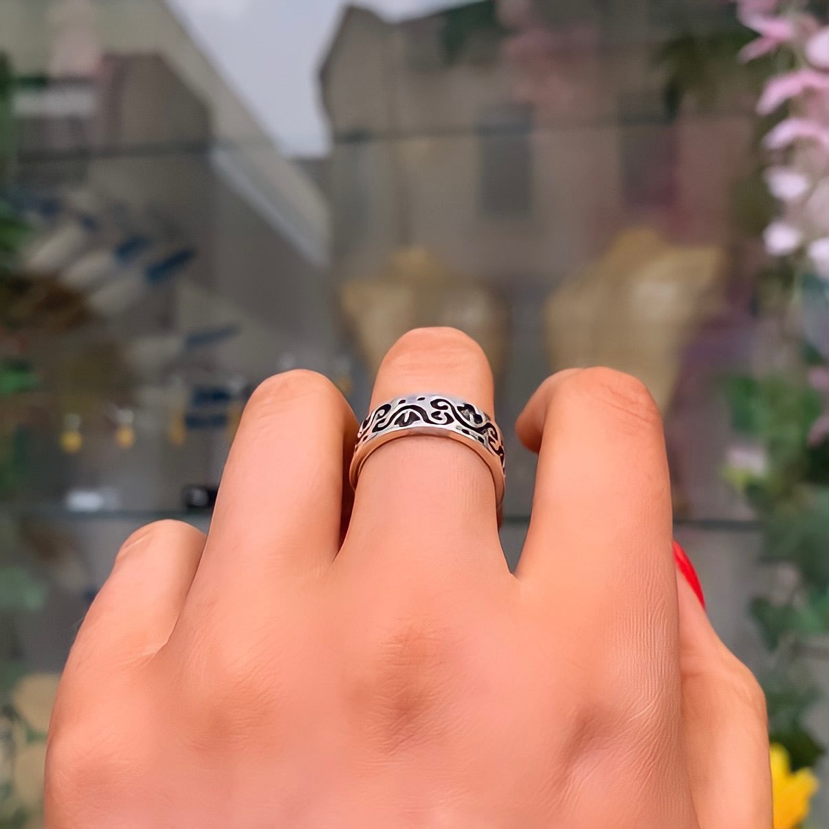 Chunky Sterling Silver Oxidised Patterned Band Ring - Size O ½