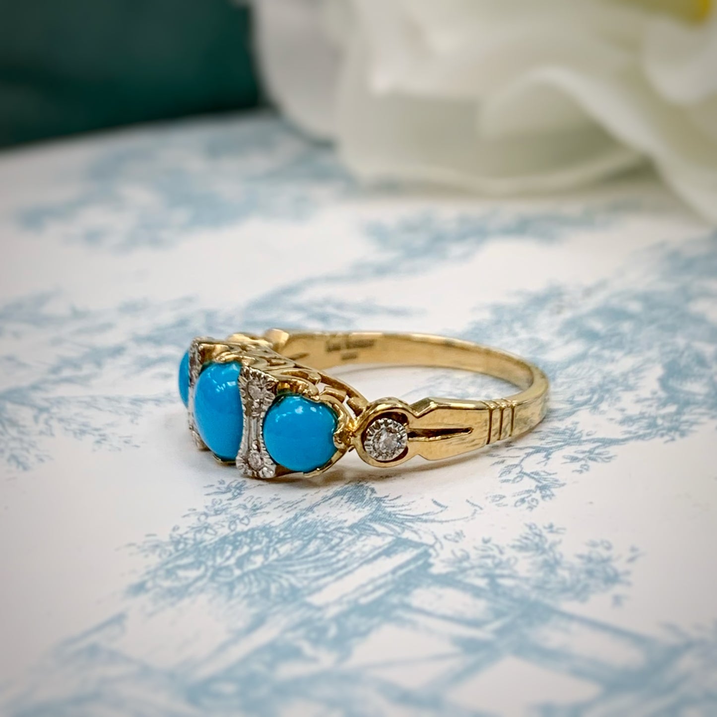 Edwardian Inspired 9ct Yellow Gold Turquoise and Diamond Ring - SIZE M ½