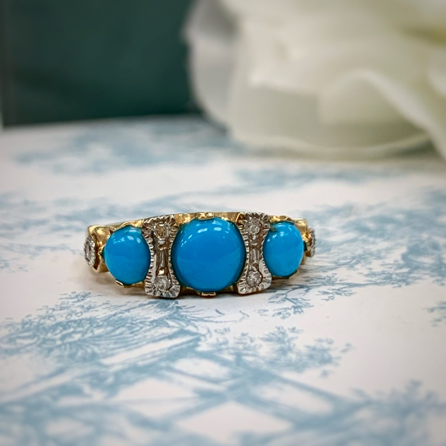 Edwardian Inspired 9ct Yellow Gold Turquoise and Diamond Ring - SIZE M ½