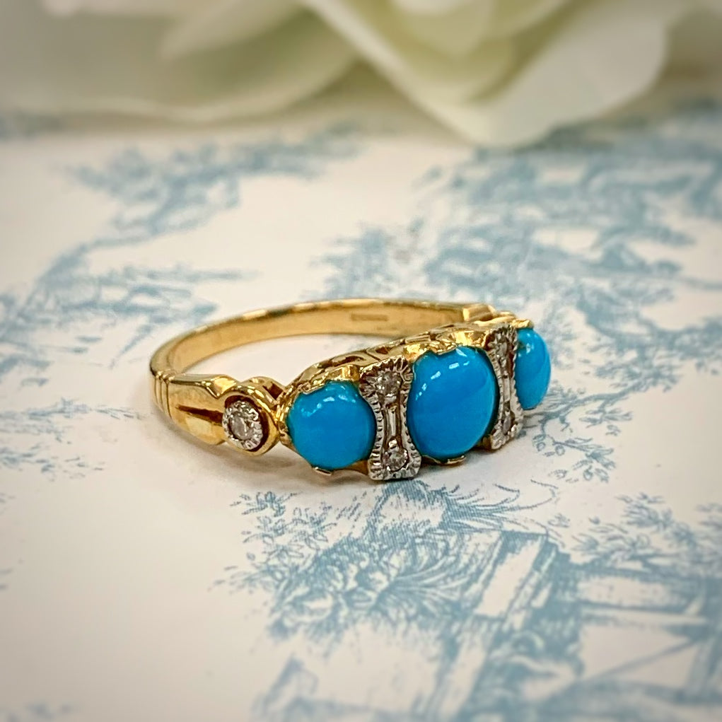 Edwardian Inspired 9ct Yellow Gold Turquoise and Diamond Ring - SIZE M ½