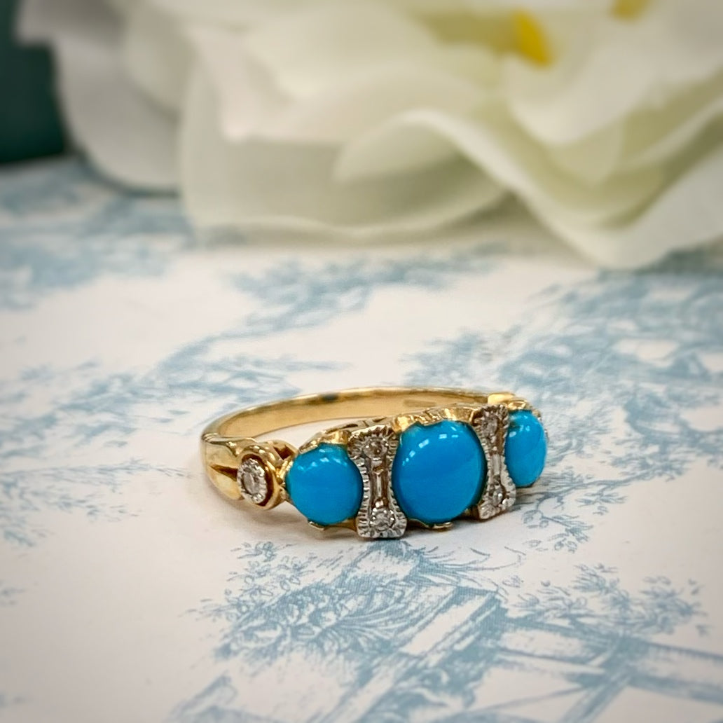 Edwardian Inspired 9ct Yellow Gold Turquoise and Diamond Ring - SIZE M ½