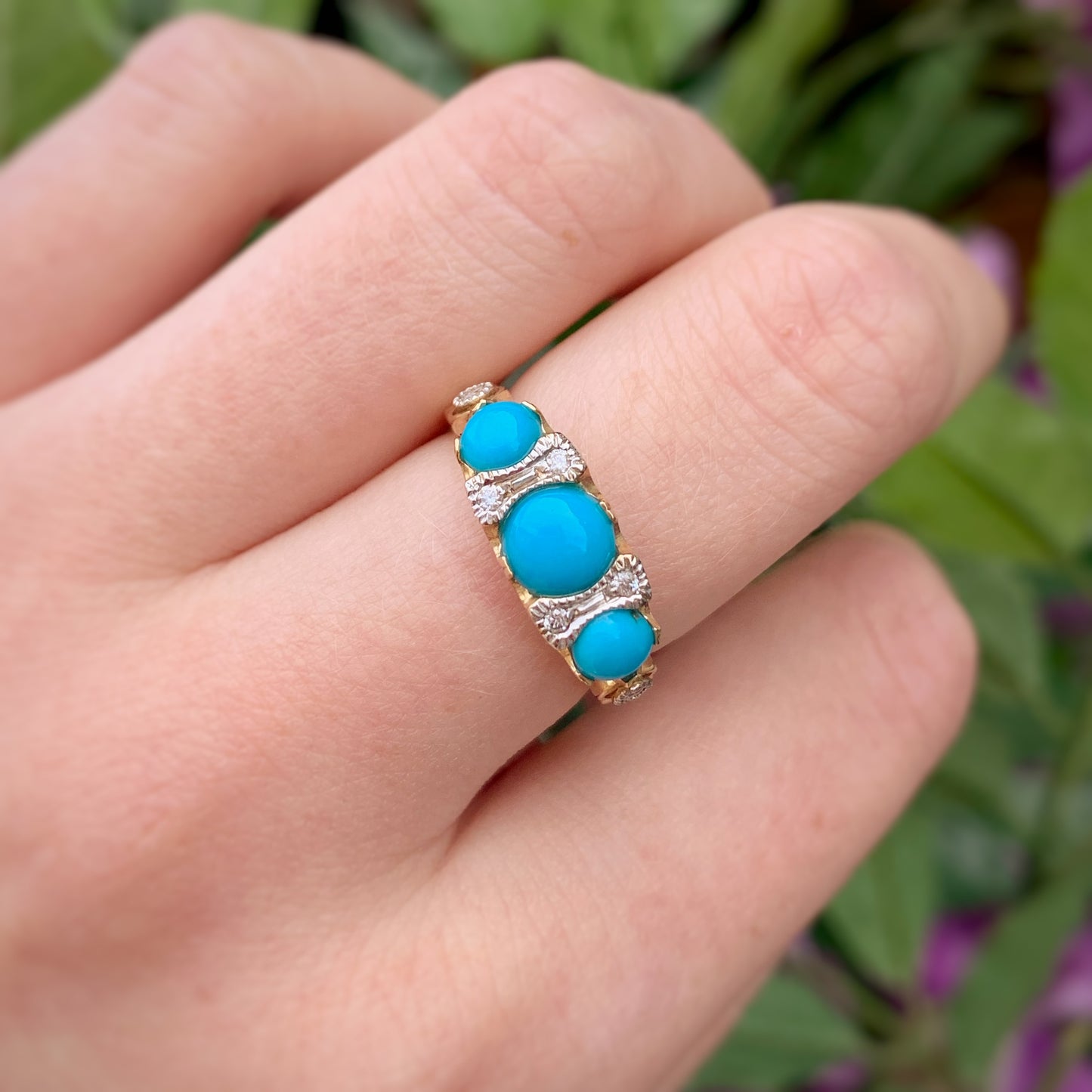 Edwardian Inspired 9ct Yellow Gold Turquoise and Diamond Ring - SIZE M ½