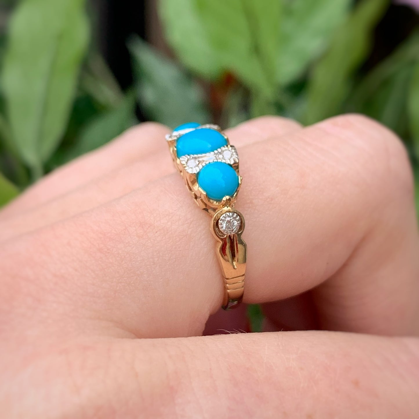 Edwardian Inspired 9ct Yellow Gold Turquoise and Diamond Ring - SIZE M ½