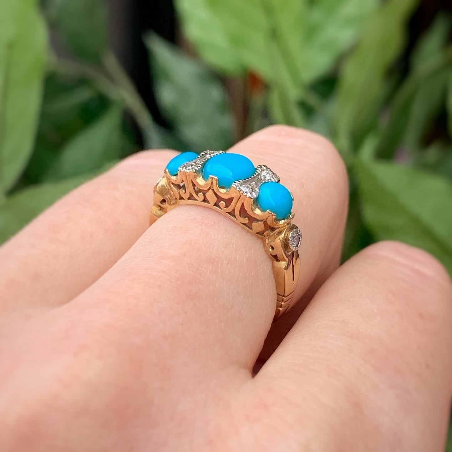 Edwardian Inspired 9ct Yellow Gold Turquoise and Diamond Ring - SIZE M ½