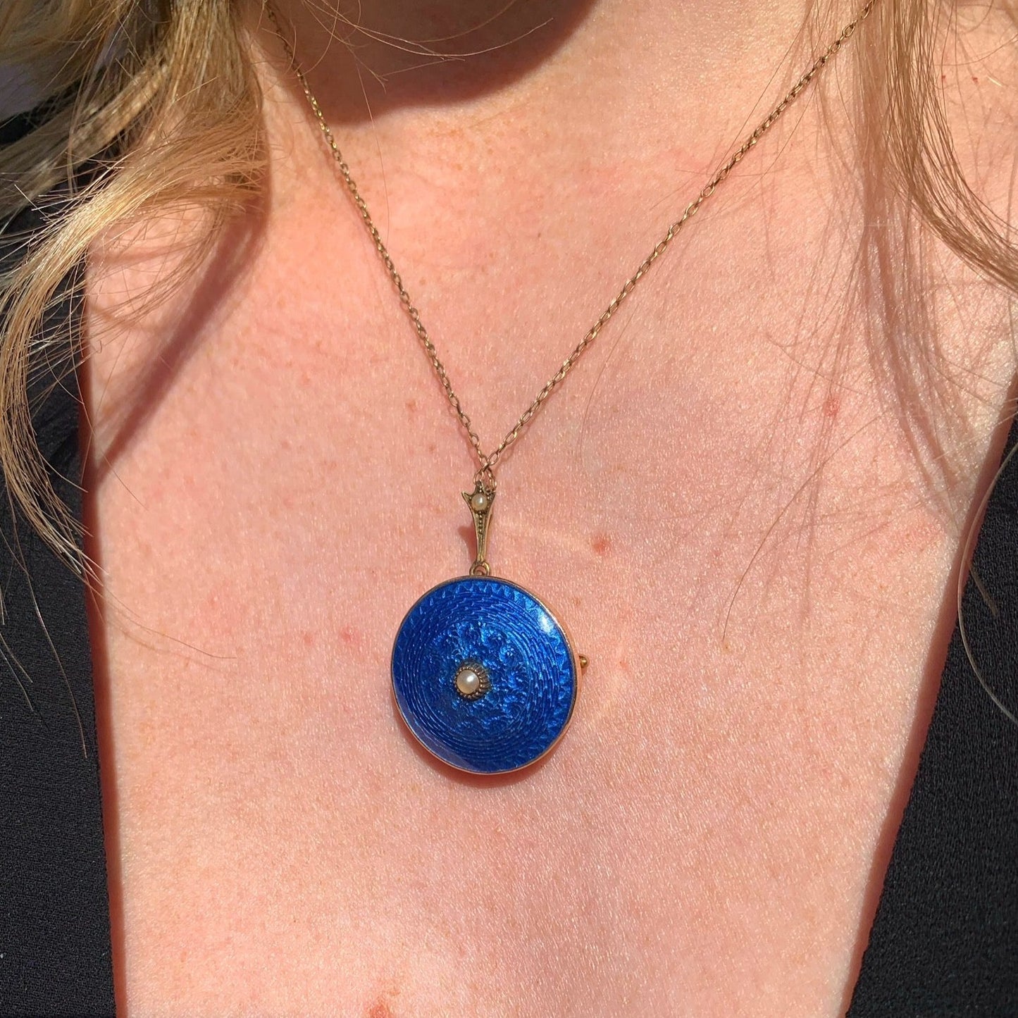 Antique 9ct Rose Gold Blue Enamel and Pearl (Brooch Back) Necklace