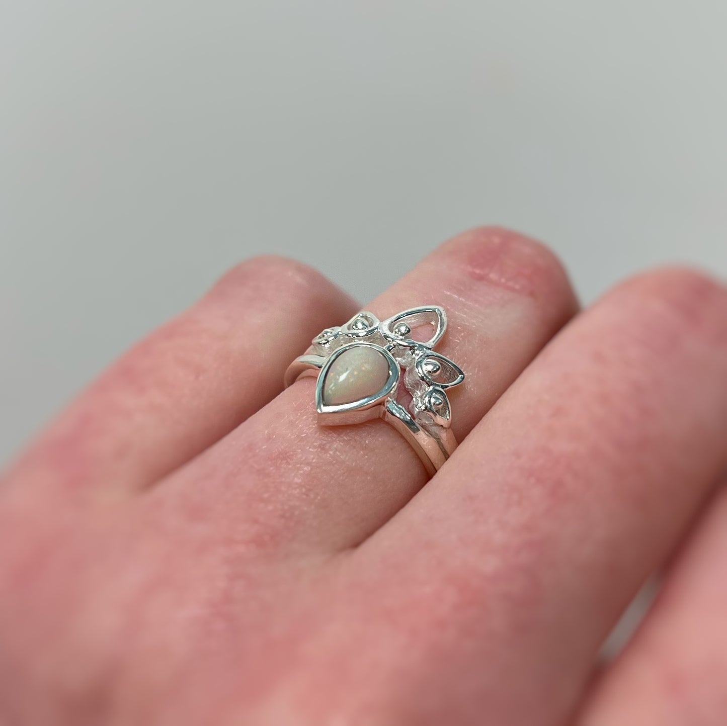 Sterling Silver Opal Lotus Flower Ring - Size J ½