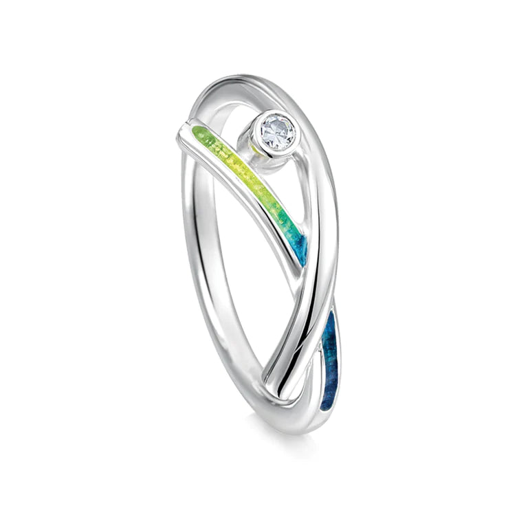 Sheila Fleet Sterling Silver Wild Grasses Cubic Zirconia Ring in Meadow Enamel - SIZE M