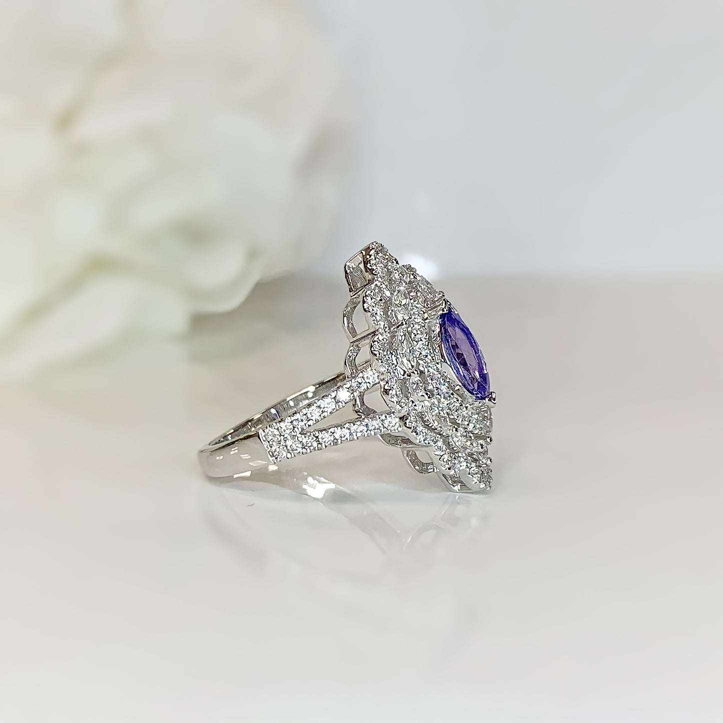 18ct White Gold Tanzanite And Diamond Statement Ring – SIZE O