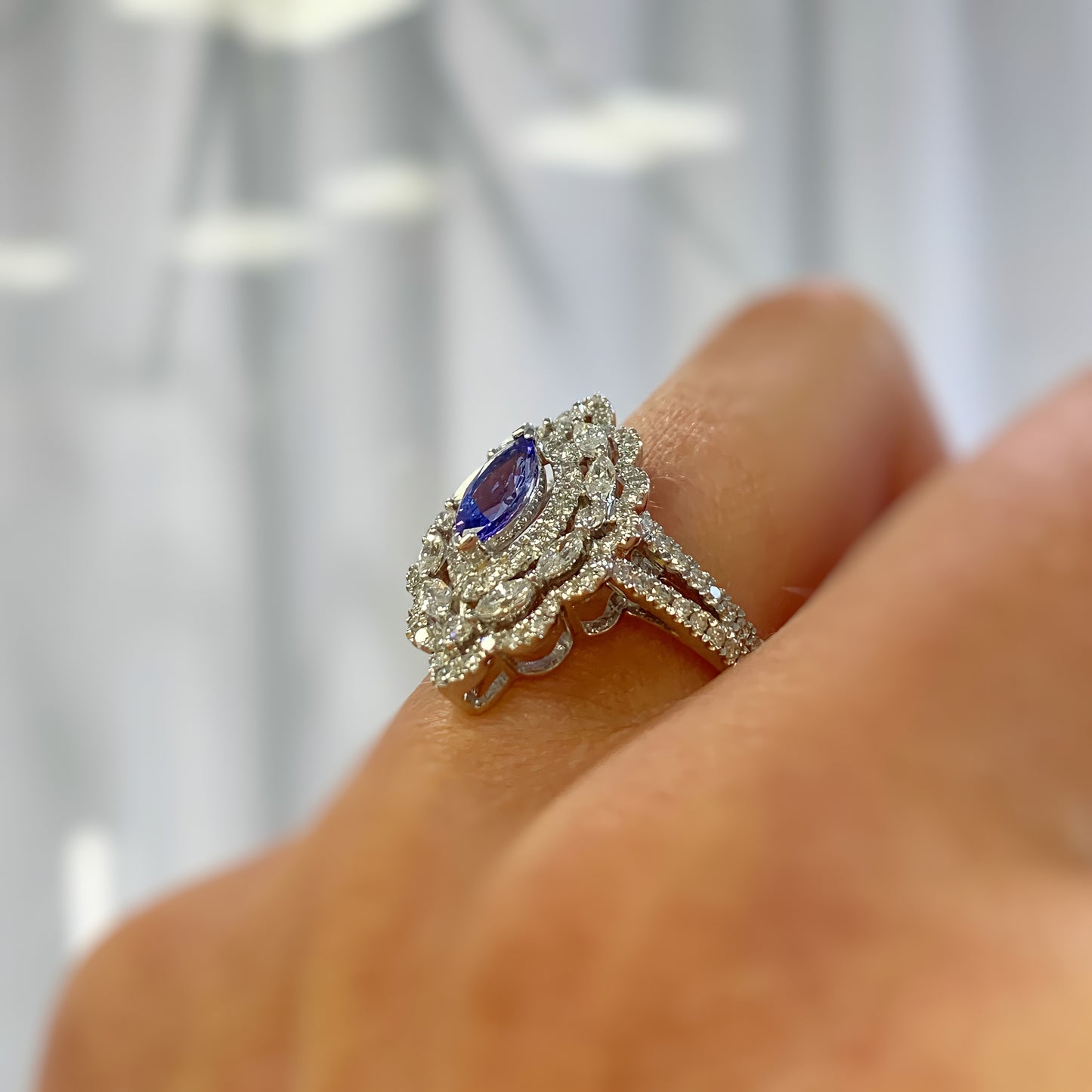 18ct White Gold Tanzanite And Diamond Statement Ring – SIZE O